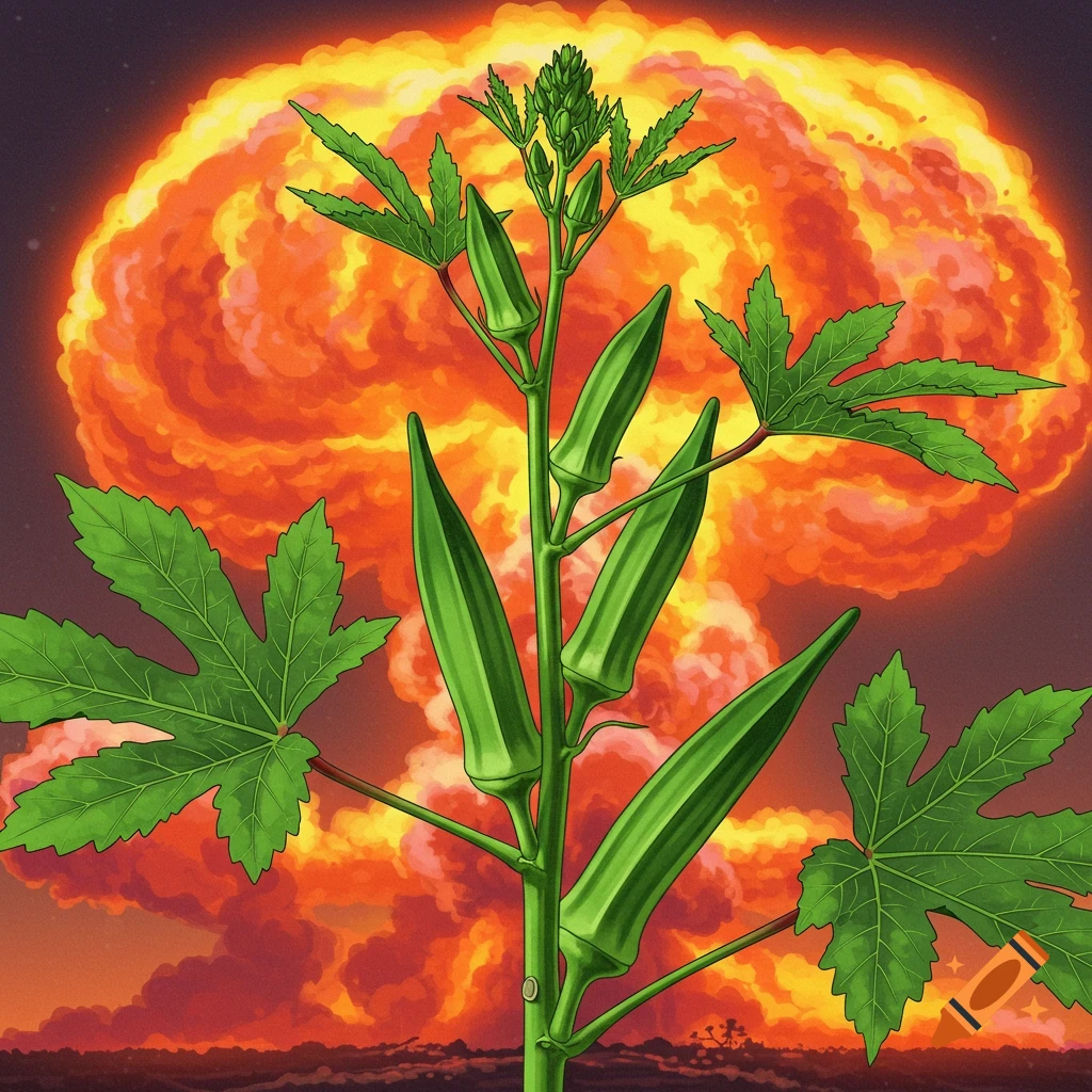 A vibrant green okra plant with pods and leaves stands against the backdrop of a massive, fiery orange nuclear explosion mushroom cloud.