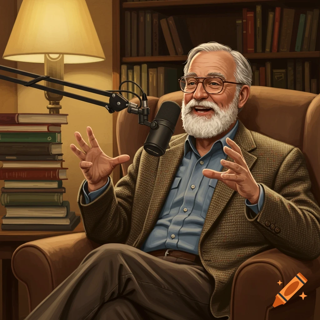 A smiling elderly man with a white beard and glasses sits in an armchair, speaking into a podcast microphone. He gestures with his hands in a room with a bookshelf and lamp.