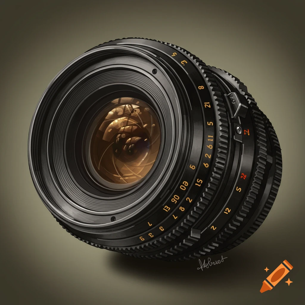 A detailed, realistic illustration of a black camera lens with gold and red markings, set against a dark, warm background.