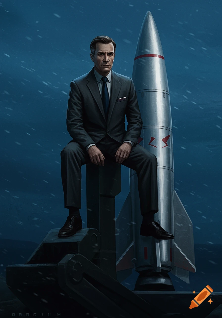 An illustration of a man in a dark suit sitting on a large silver rocket against a dark blue, snowy background.