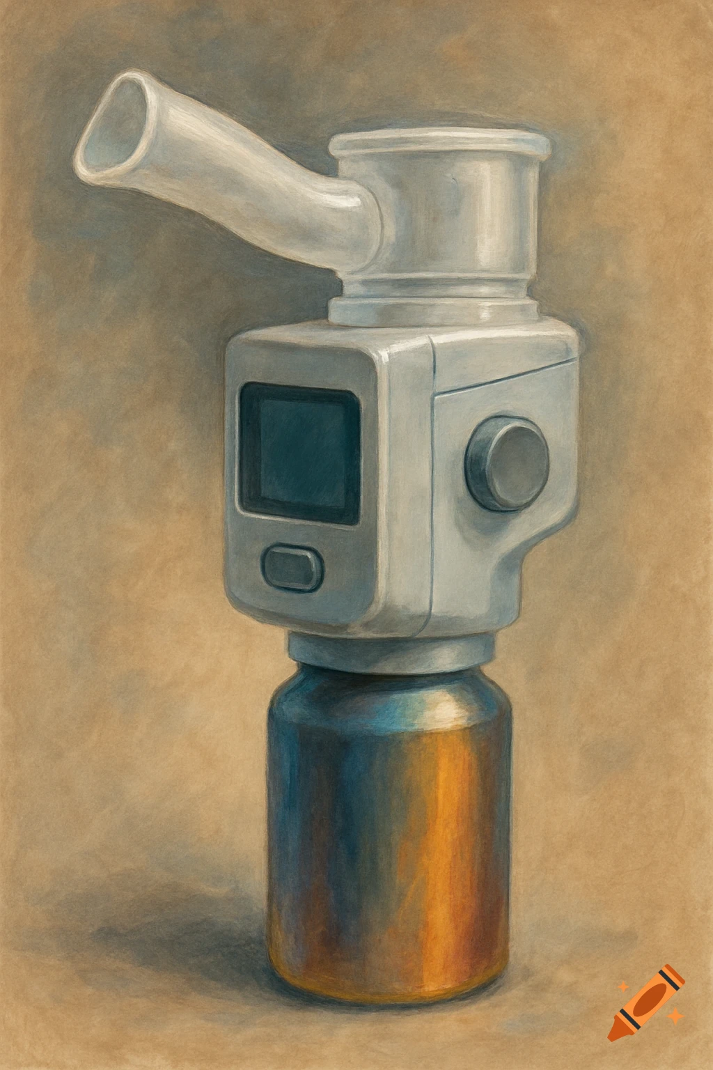A digitally painted nebulizer inhaler with a white body, a blank screen, a button, and a colorful metallic canister.