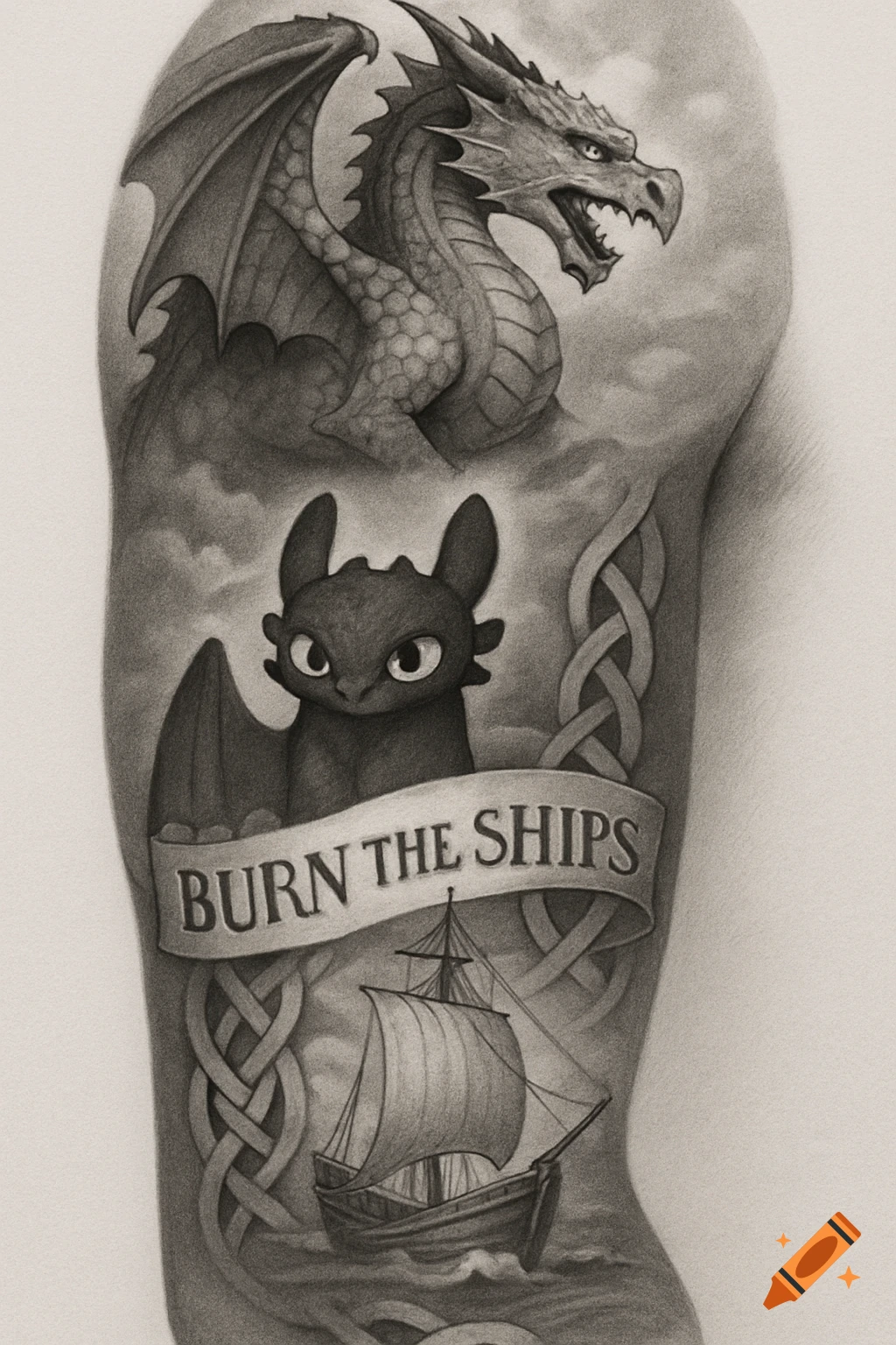 Grayscale tattoo sleeve with a detailed dragon, Toothless, 'BURN THE SHIPS' banner, sailboat, and Celtic knot designs.