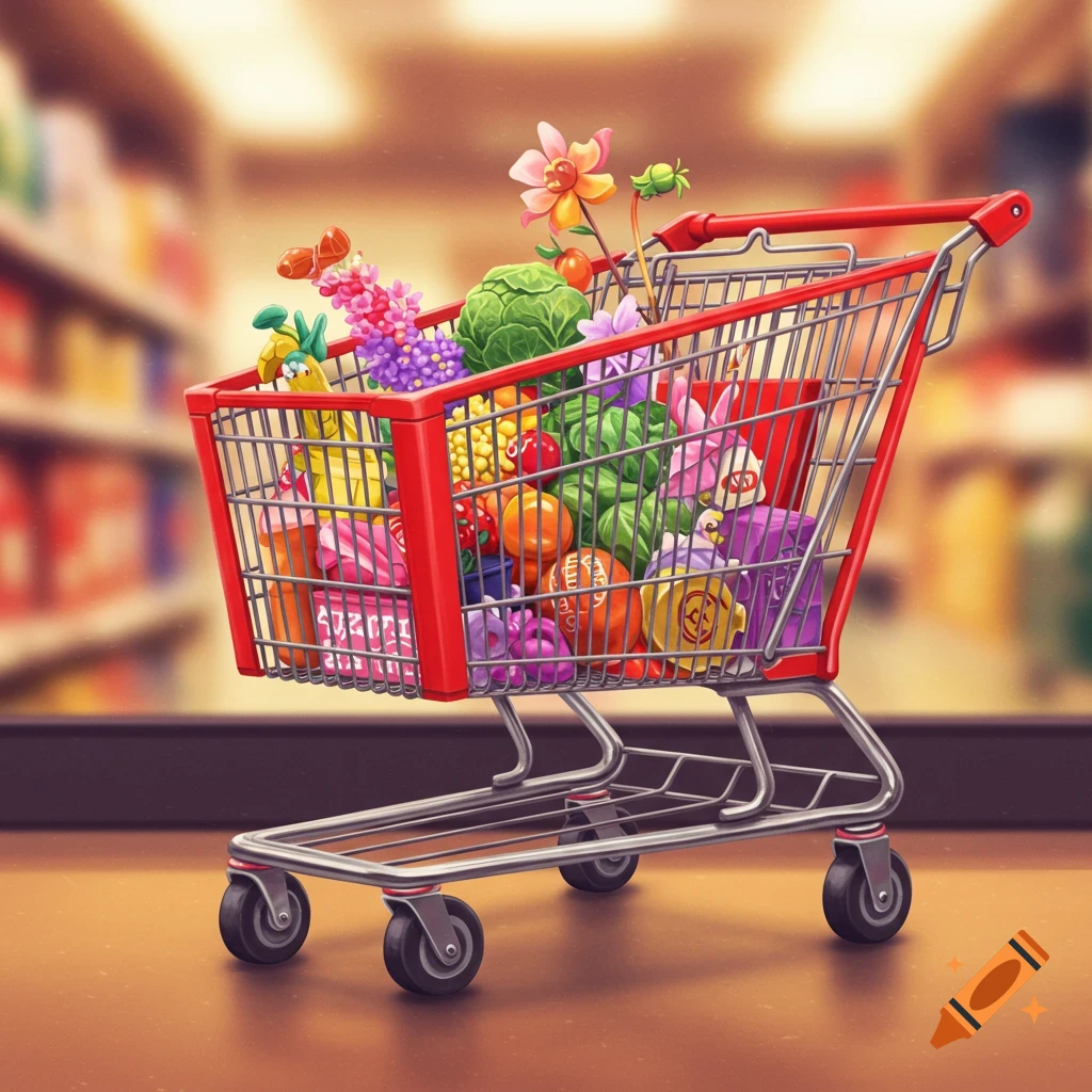 A colorful shopping cart full of various groceries and fantastical items in a supermarket aisle, rendered in a stylized, bright art style.