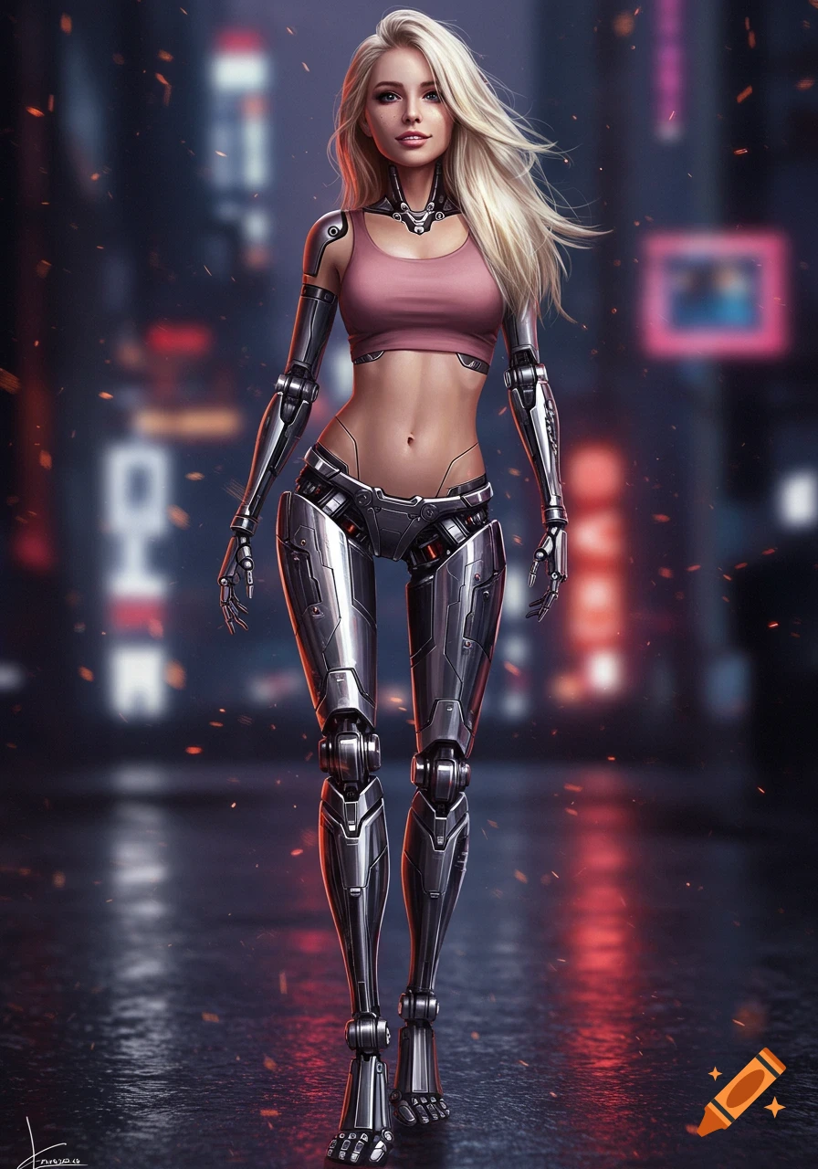 A blonde female cyborg with a human upper body and robotic lower body, wearing a pink crop top, standing in a futuristic city street at night.