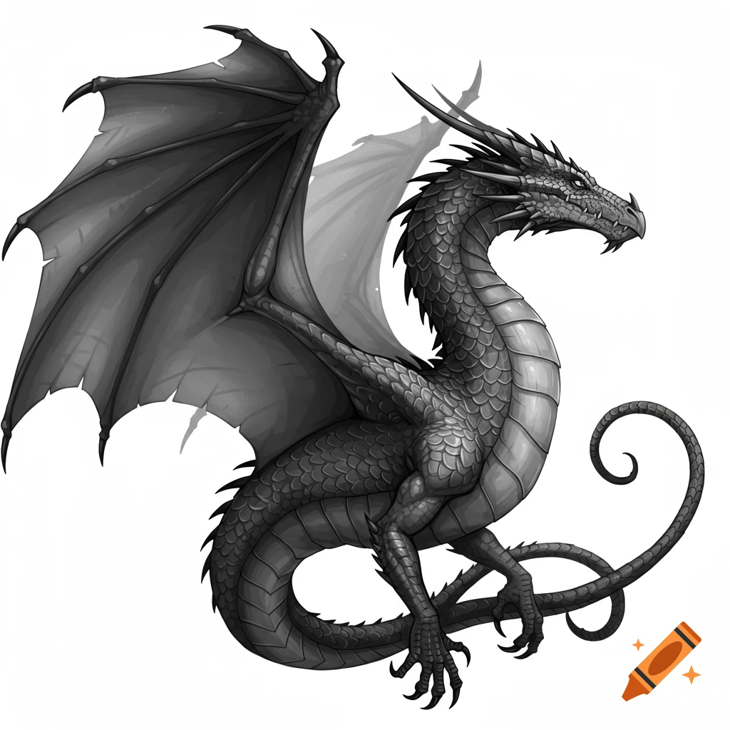 A black and white dragon with large wings and a coiled tail, depicted in a detailed clip art style.