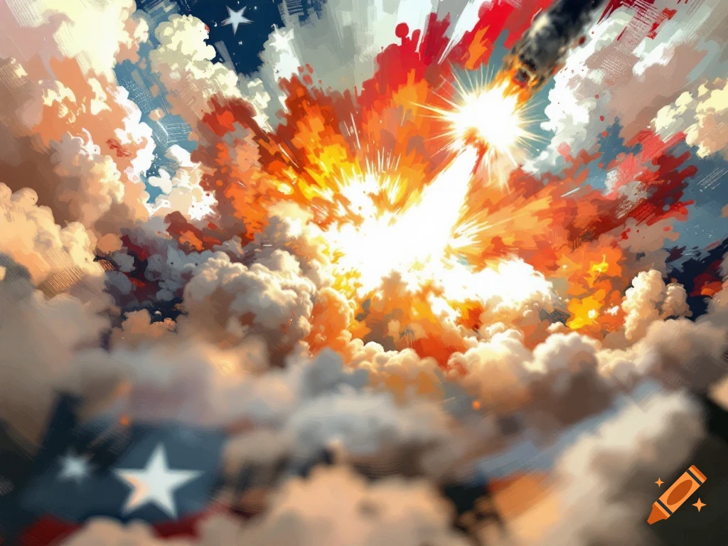 A vibrant, stylized explosion with bright orange and white light erupting from the center, surrounded by billowy clouds and hints of a flag in the foreground.