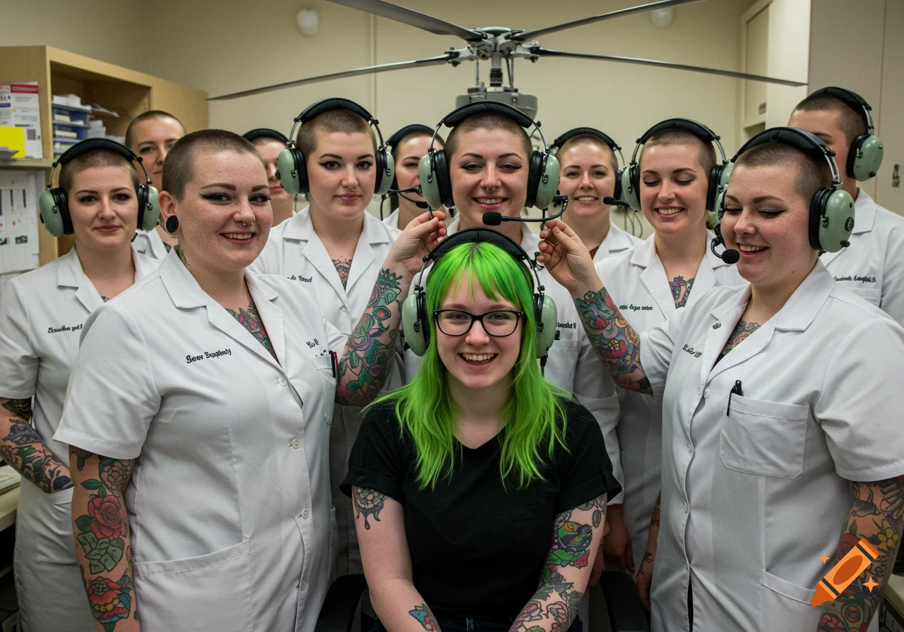 Group of women with buzzcuts, tattoos, and headsets in lab coats; one with green hair sits in front.