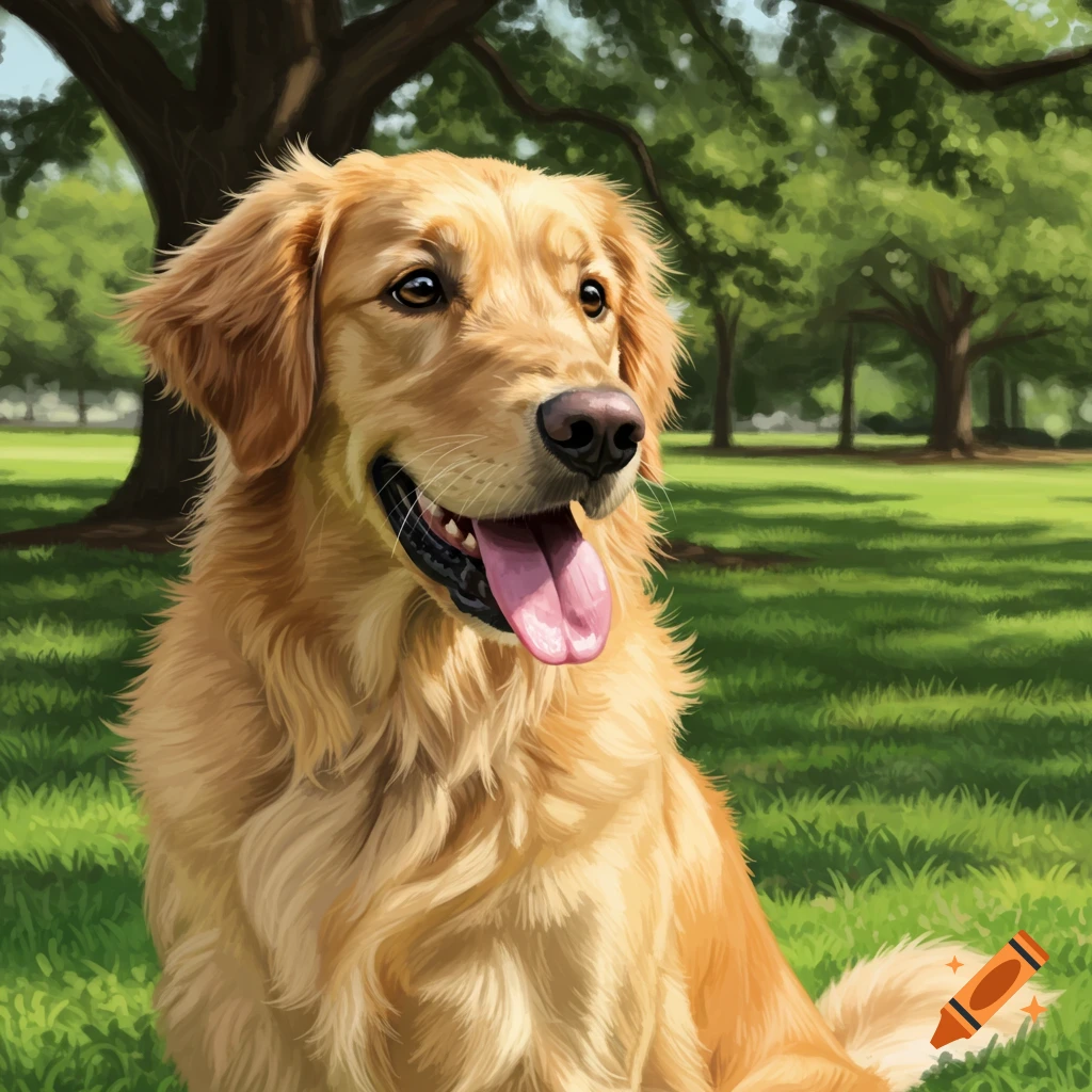 A golden retriever dog sits panting in a sunny green park with trees in ...