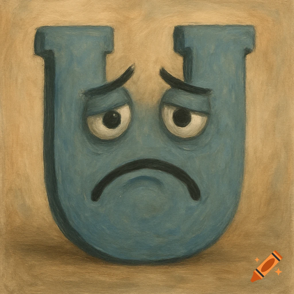 A blue, sad-faced uppercase letter U in a painted style.