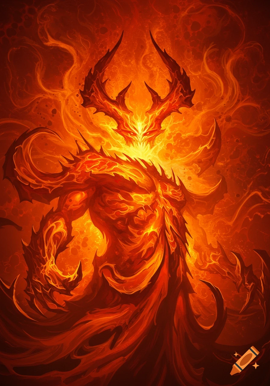 A powerful, horned demonic creature made of fire and smoke in an intense orange and red color palette, digital painting style.
