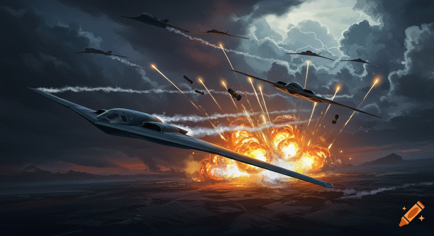 B-2 bombers fly through a stormy sky, dropping bombs that cause large explosions on the dark landscape below.