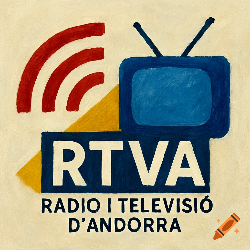 A painted logo for RTVA, featuring red radio waves, a blue television, and the text 'RADIO I TELEVISI O D'ANDORRA' on a light background.
