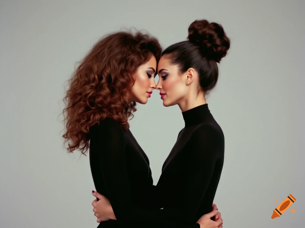 Two women, one with curly brown hair and the other with a bun, pose head-to-head in black turtlenecks.