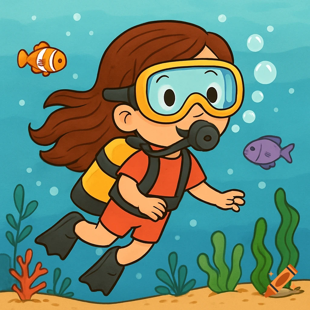 A cartoon illustration of a happy little girl with long brown hair, wearing a red swimsuit, yellow scuba tank, and snorkel mask, swimming underwater with fish and plants.
