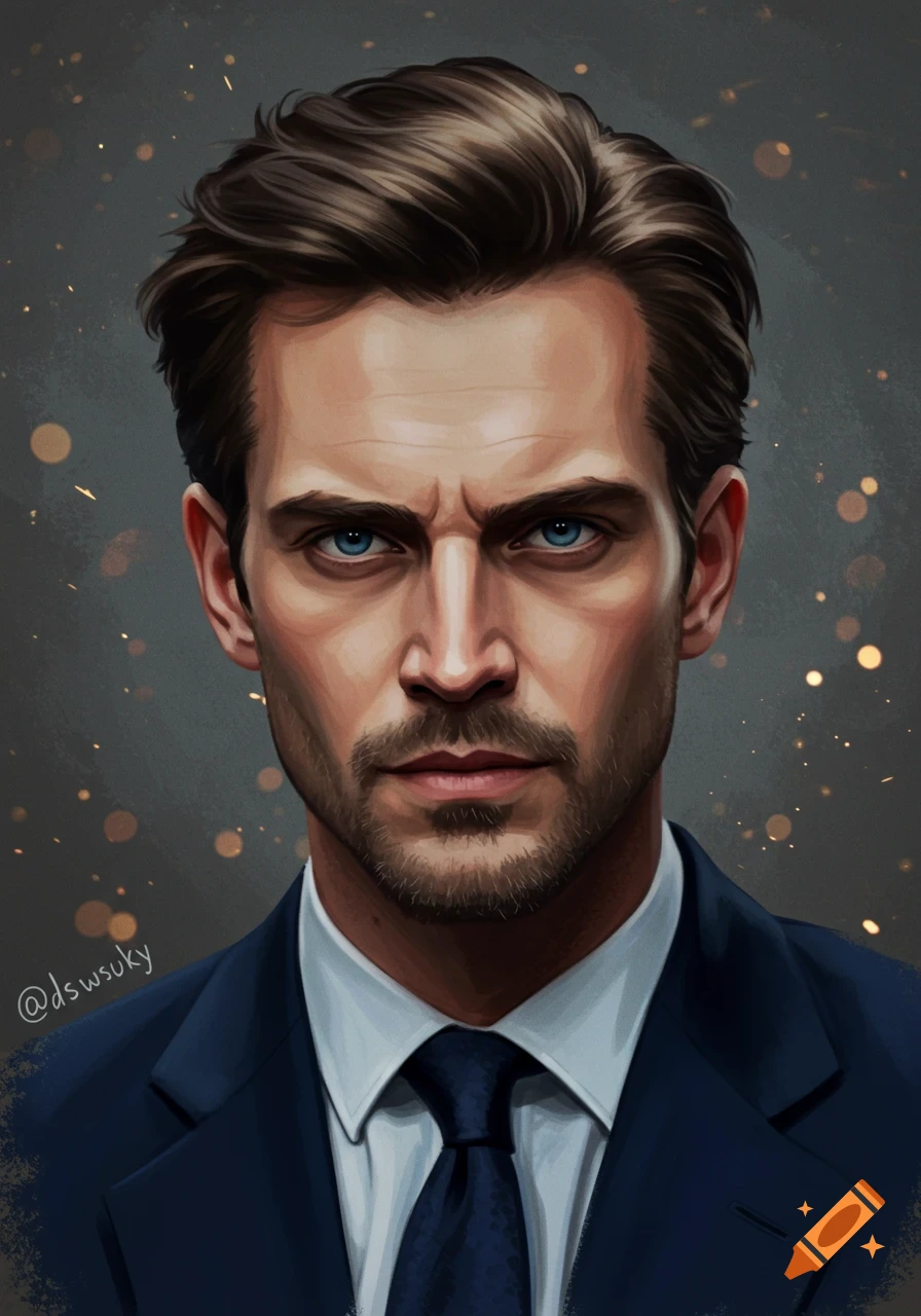 Digital art portrait of a serious man with blue eyes and a beard, wearing a dark suit and tie.