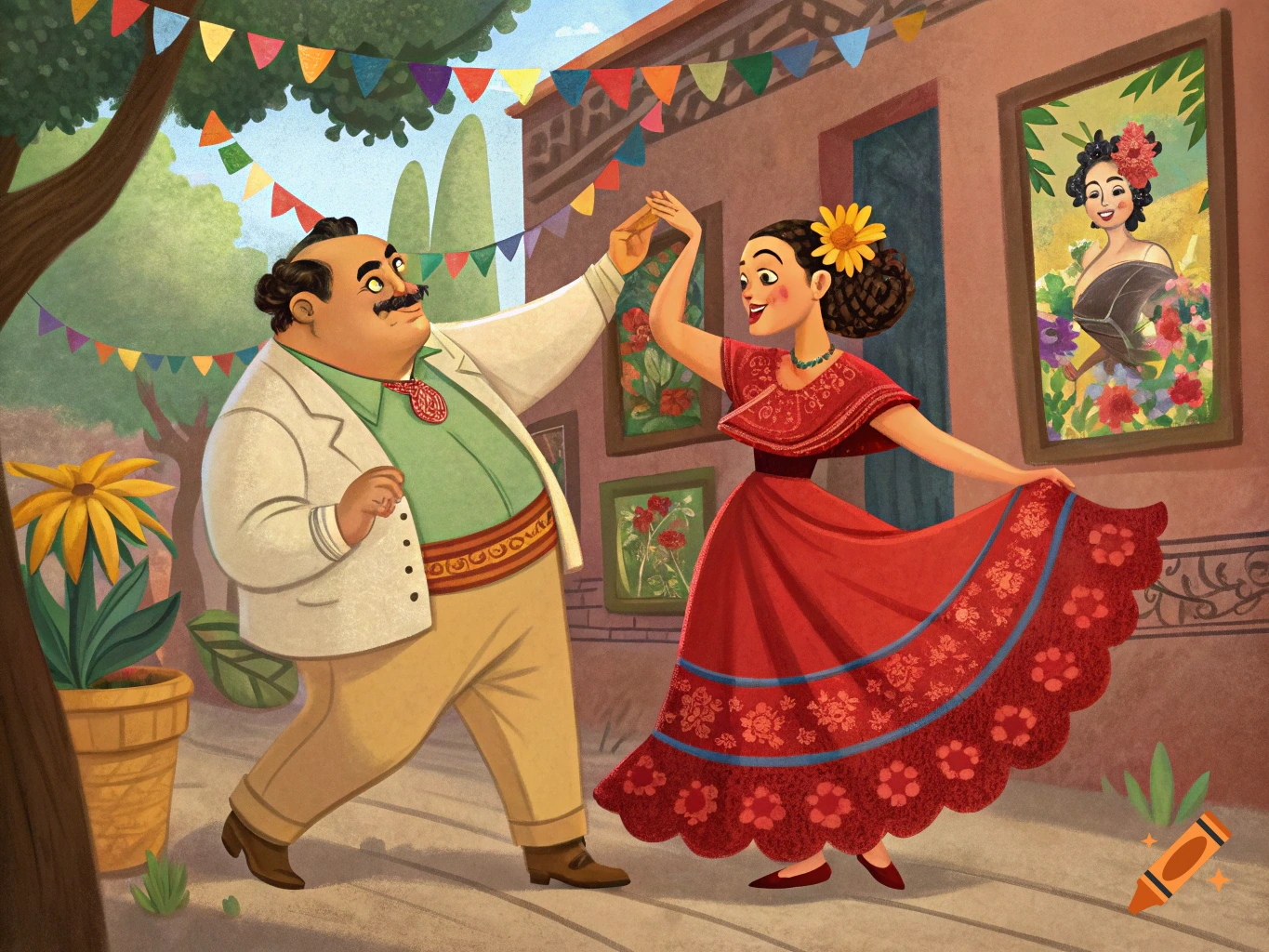 An illustrated man and woman in traditional Mexican attire dance outdoors under colorful banners.