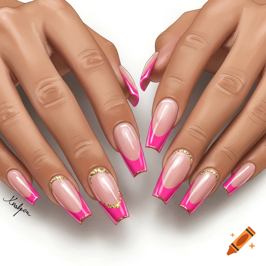 Illustration of hands with long, pink French tip nails and gold accents.
