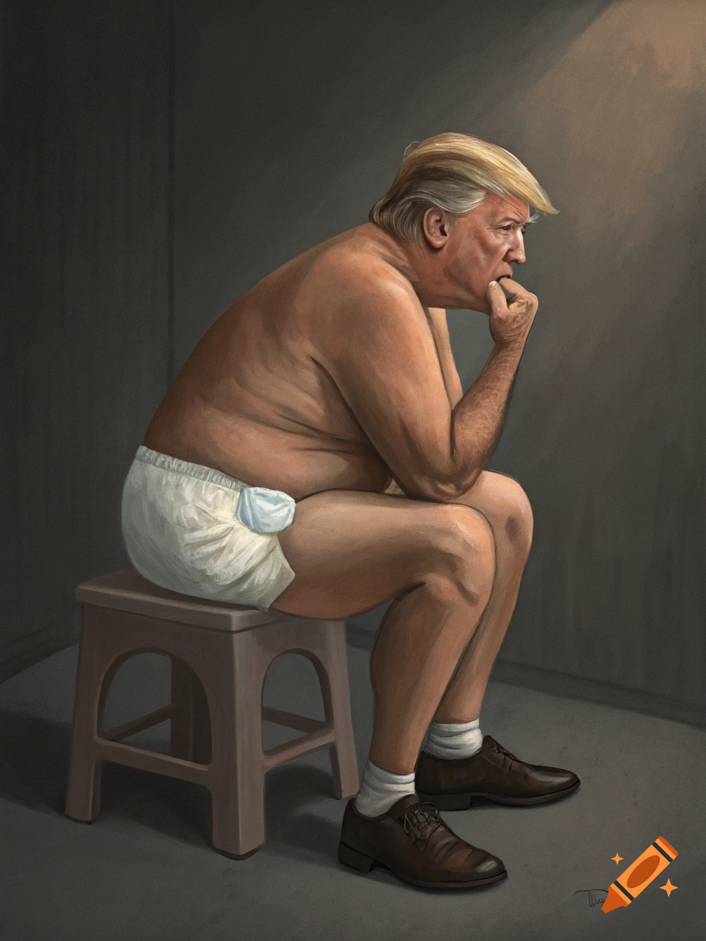 A realistic digital painting of a man resembling Donald Trump sitting on a stool, wearing a diaper, and sucking his thumb.