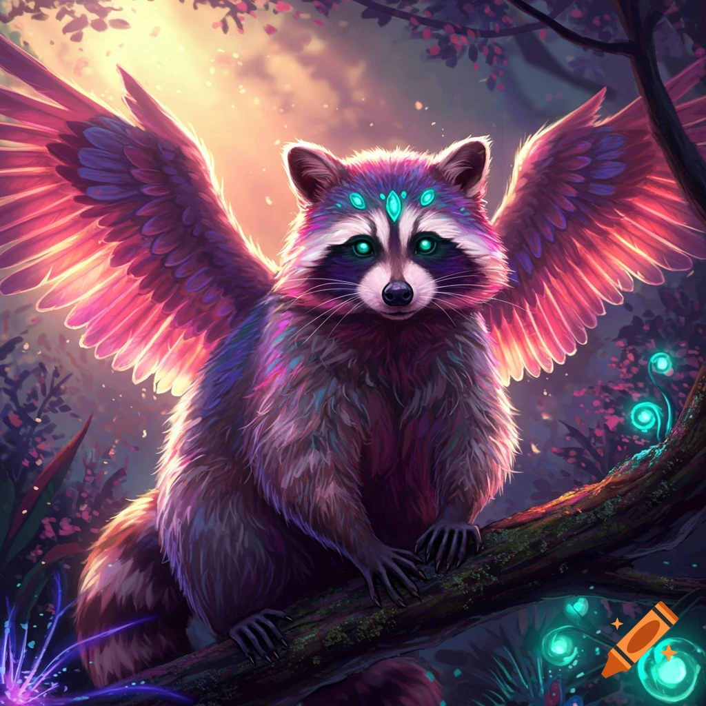 A fantasy raccoon with vibrant pink and purple wings and glowing green eyes sits on a tree branch in a magical forest.