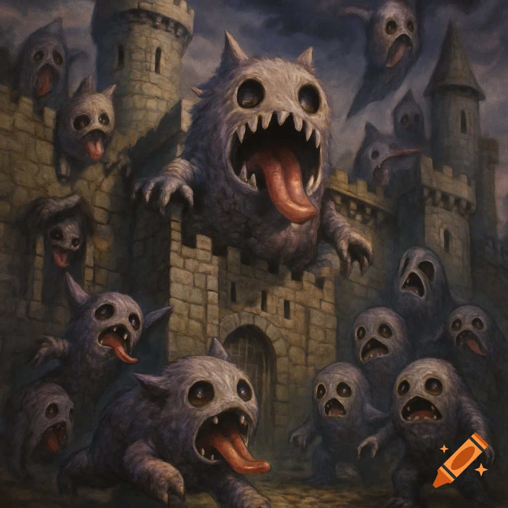 Numerous grey, cartoonish monsters with open mouths and long tongues swarm over and around a dark stone castle in a painterly style.