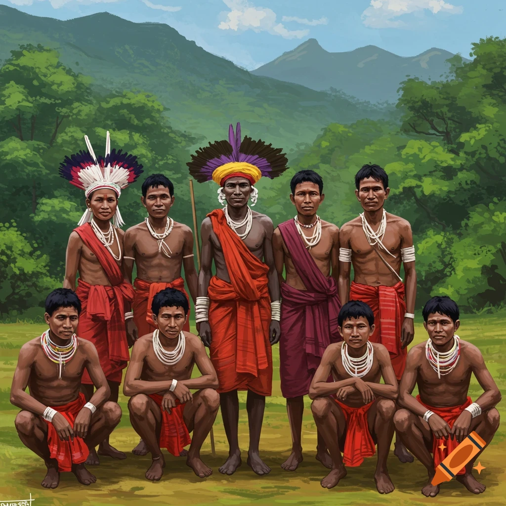 Group portrait of indigenous men in traditional red and maroon attire and feather headdresses against a green mountainous landscape.