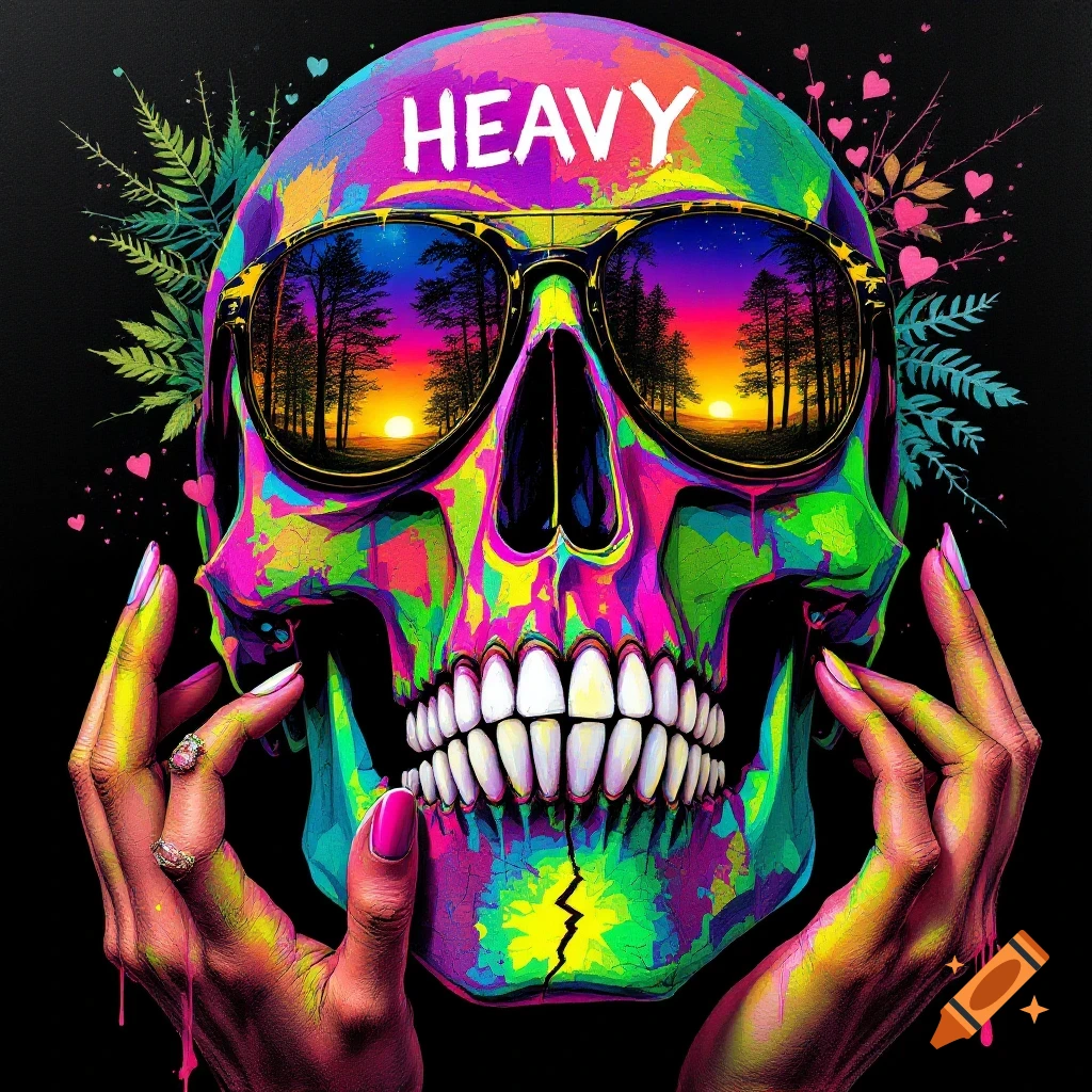 A vibrant, neon-colored skull wearing sunglasses with a sunset forest reflected in the lenses. Hands hold the skull, which has 'HEAVY' written on its forehead.