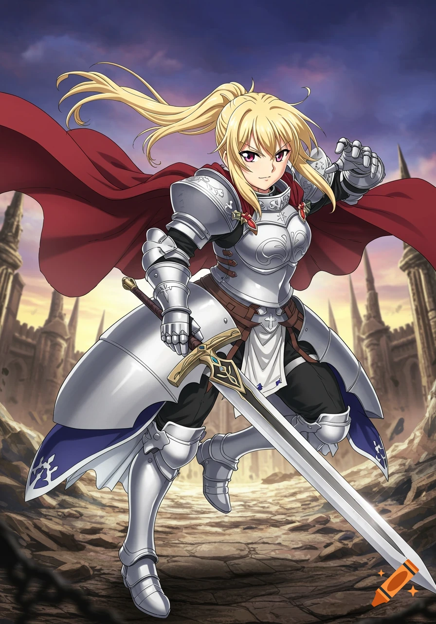 Anime style illustration of a blonde female knight in silver armor and red cape, wielding a sword, standing before a castle.