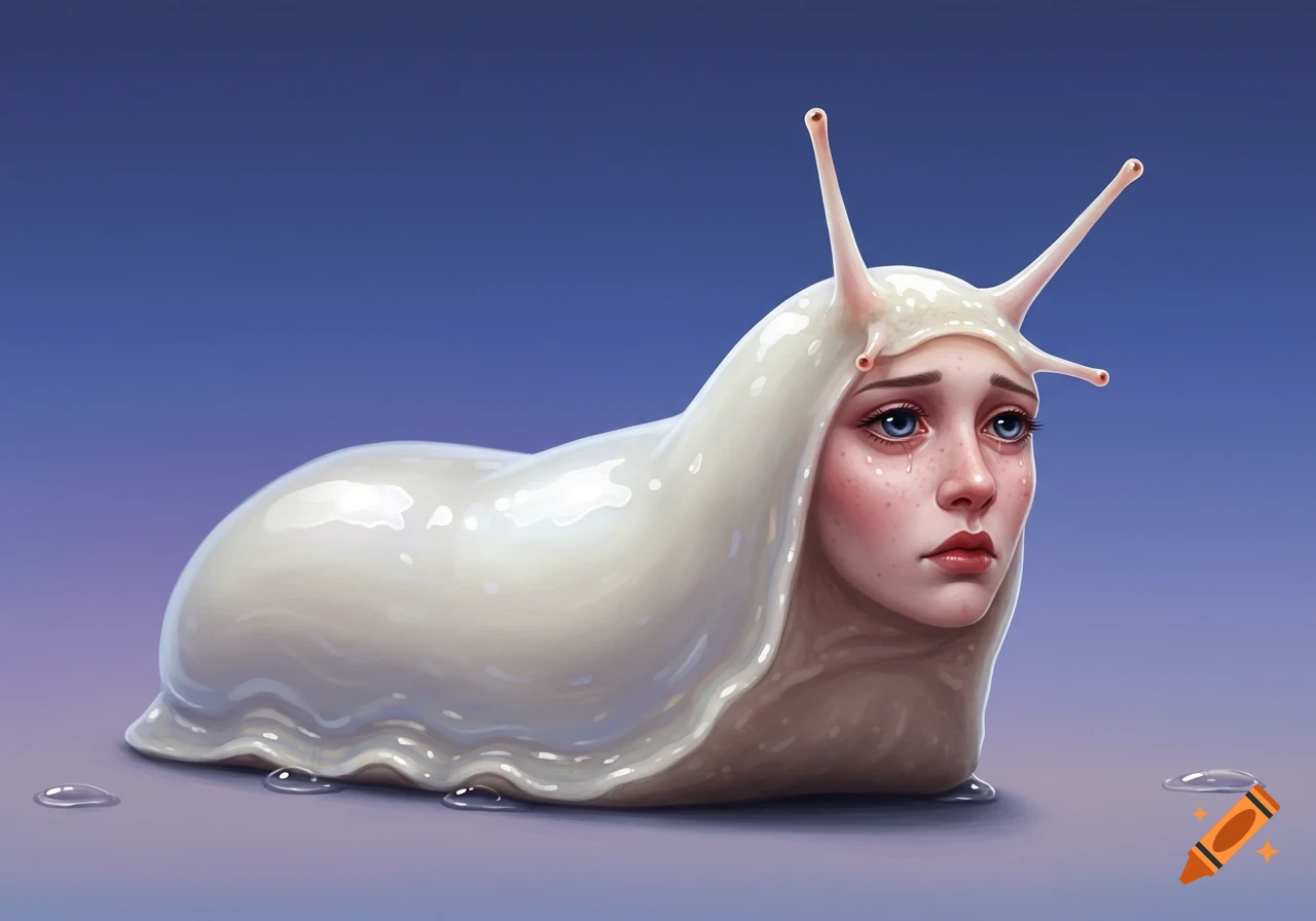 A surreal creature with a crying human face emerging from a white slug body, against a purple and blue background.
