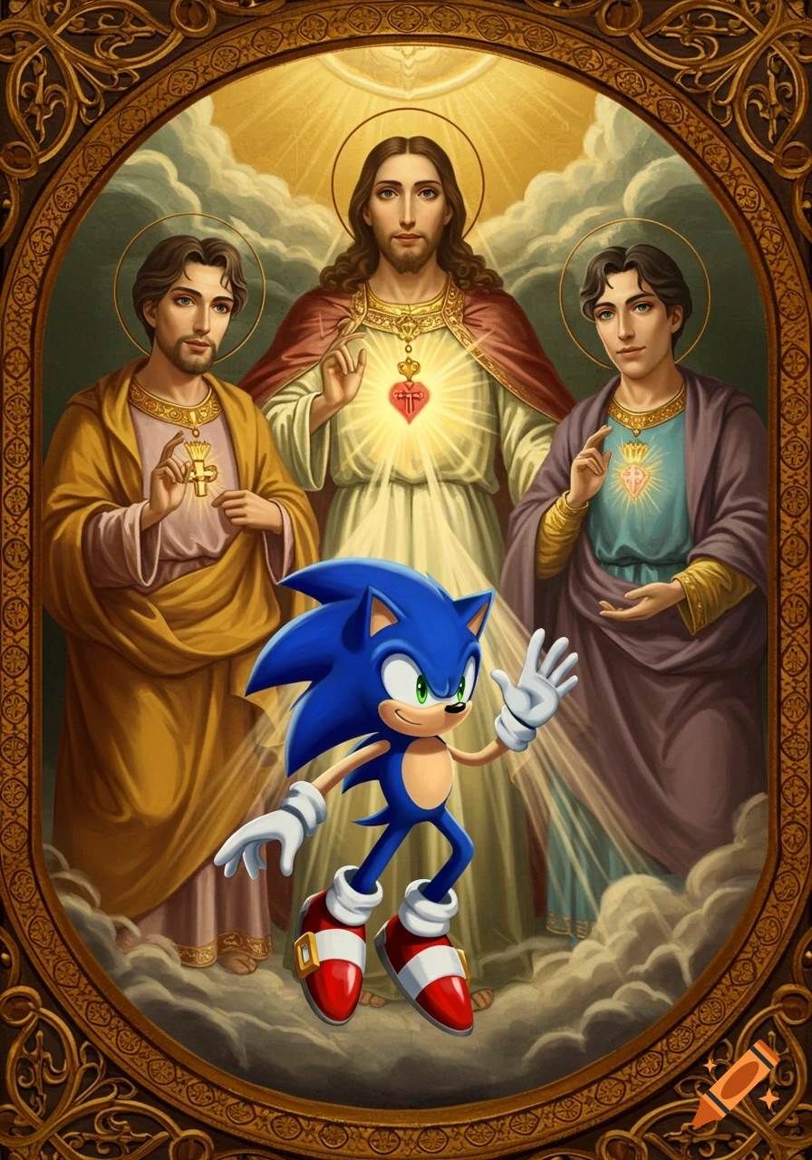 A renaissance portrait featuring Jesus, two saints, and Sonic the Hedgehog standing on clouds within an ornate frame.