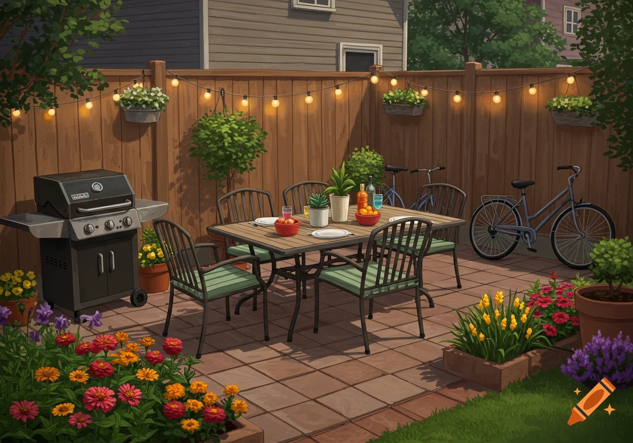A cozy backyard garden with a dining table, chairs, BBQ grill, and bicycles on a stone patio, illuminated by string lights. Colorful flower beds surround the area.