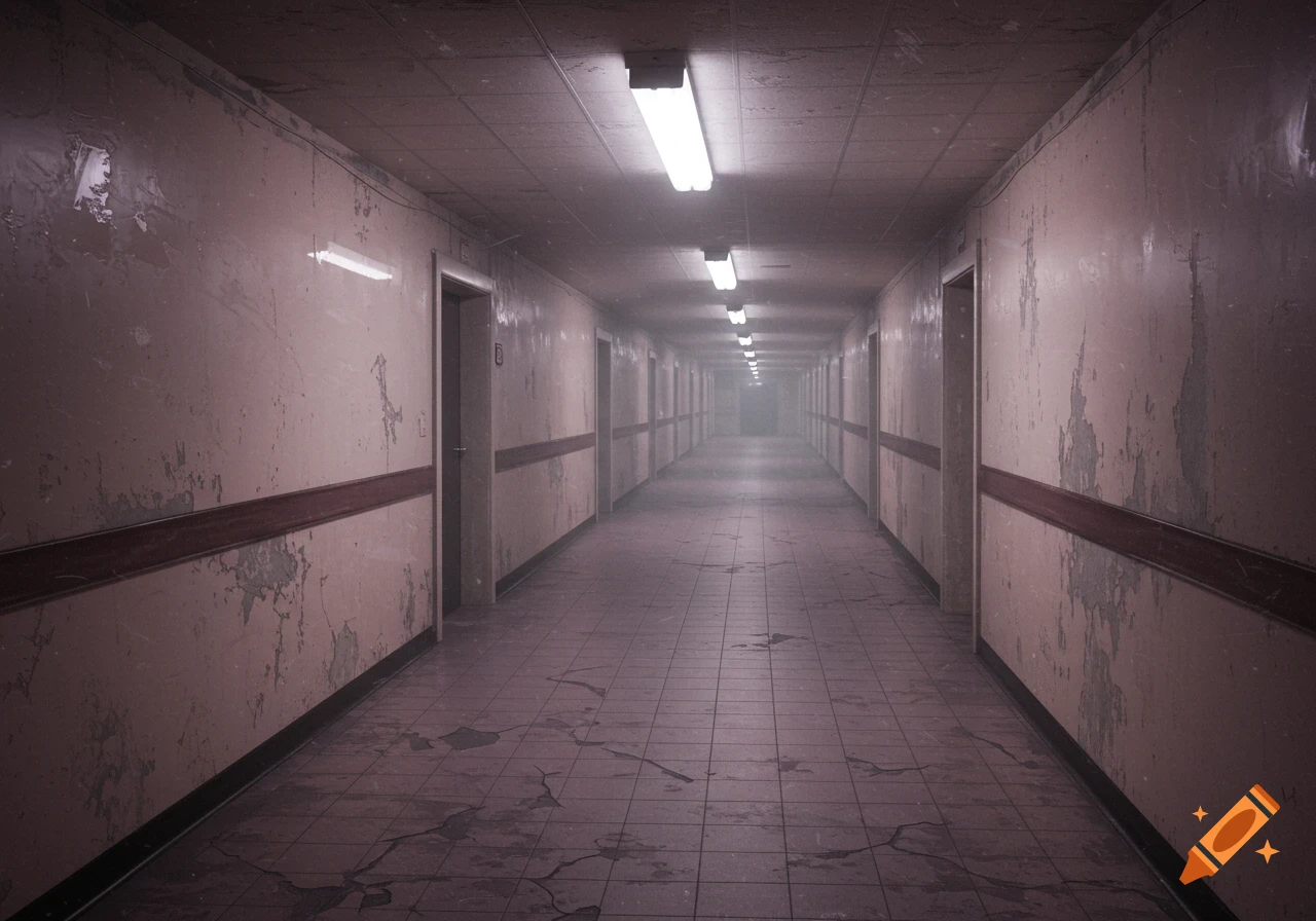 A long, dimly lit, abandoned hallway with peeling paint on the walls and cracked floor tiles, illuminated by fluorescent lights.