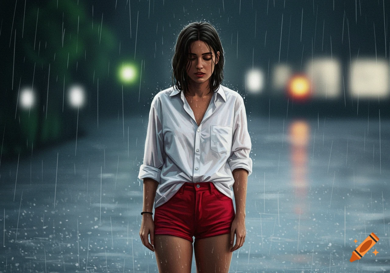 Digital art of a woman in a white shirt and red shorts standing in the rain, looking down.
