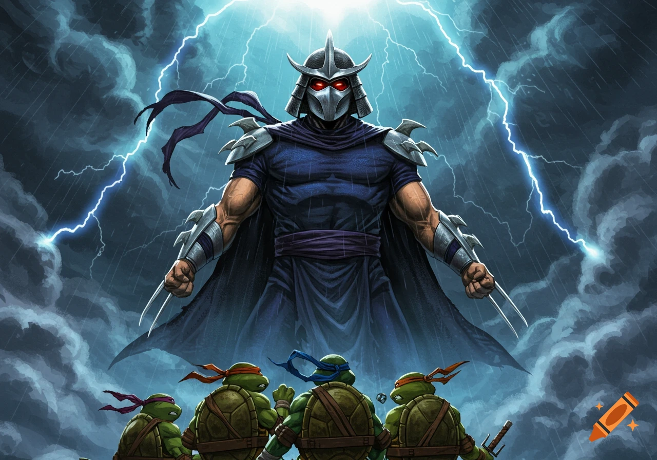 Shredder stands powerfully under lightning in a stormy sky, looking down at four Teenage Mutant Ninja Turtles.