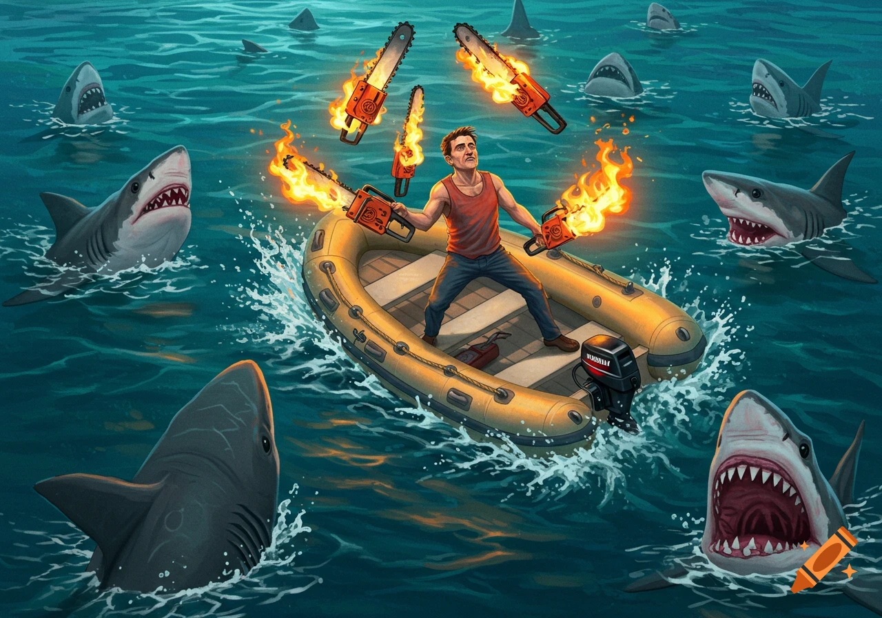 A man in an inflatable boat surrounded by sharks juggles flaming chainsaws in the ocean, cartoon style.