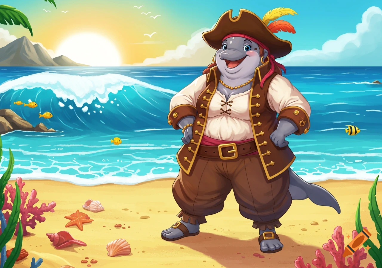 Cartoon anthropomorphic dolphin pirate standing on an ocean beach at sunset.