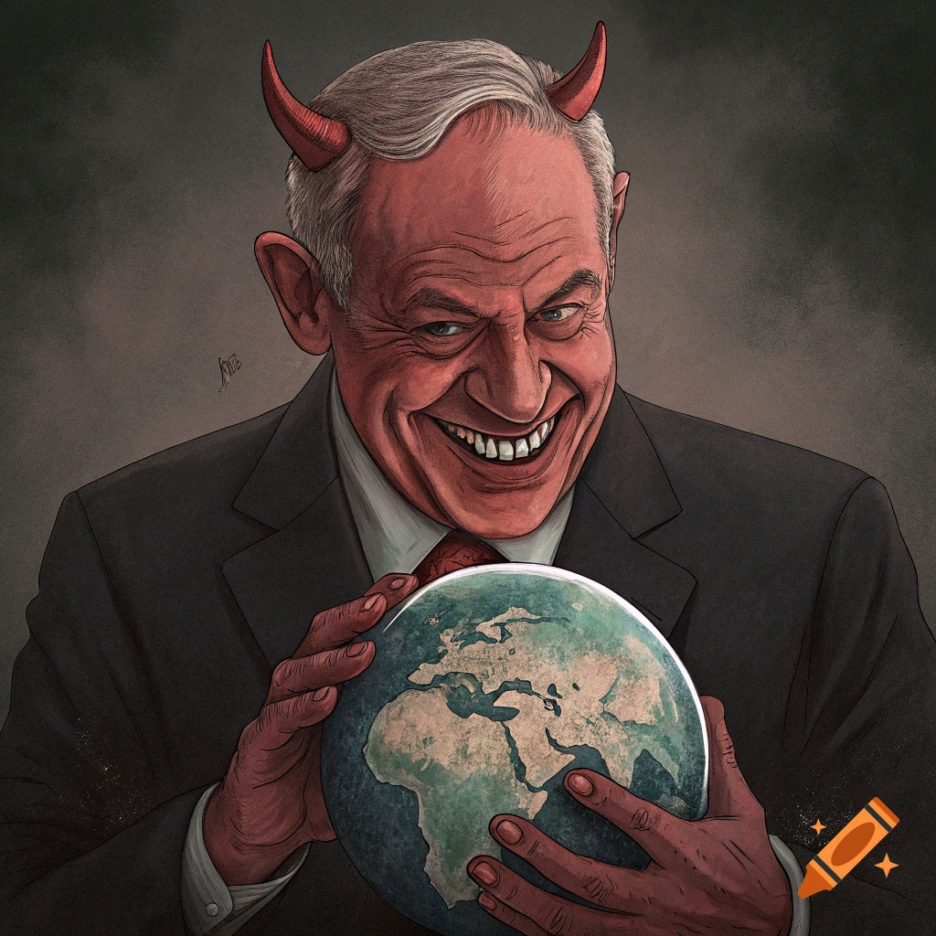 Caricature of Benjamin Netanyahu with red skin, demon horns, and a wide, sharp-toothed smile, holding a globe.