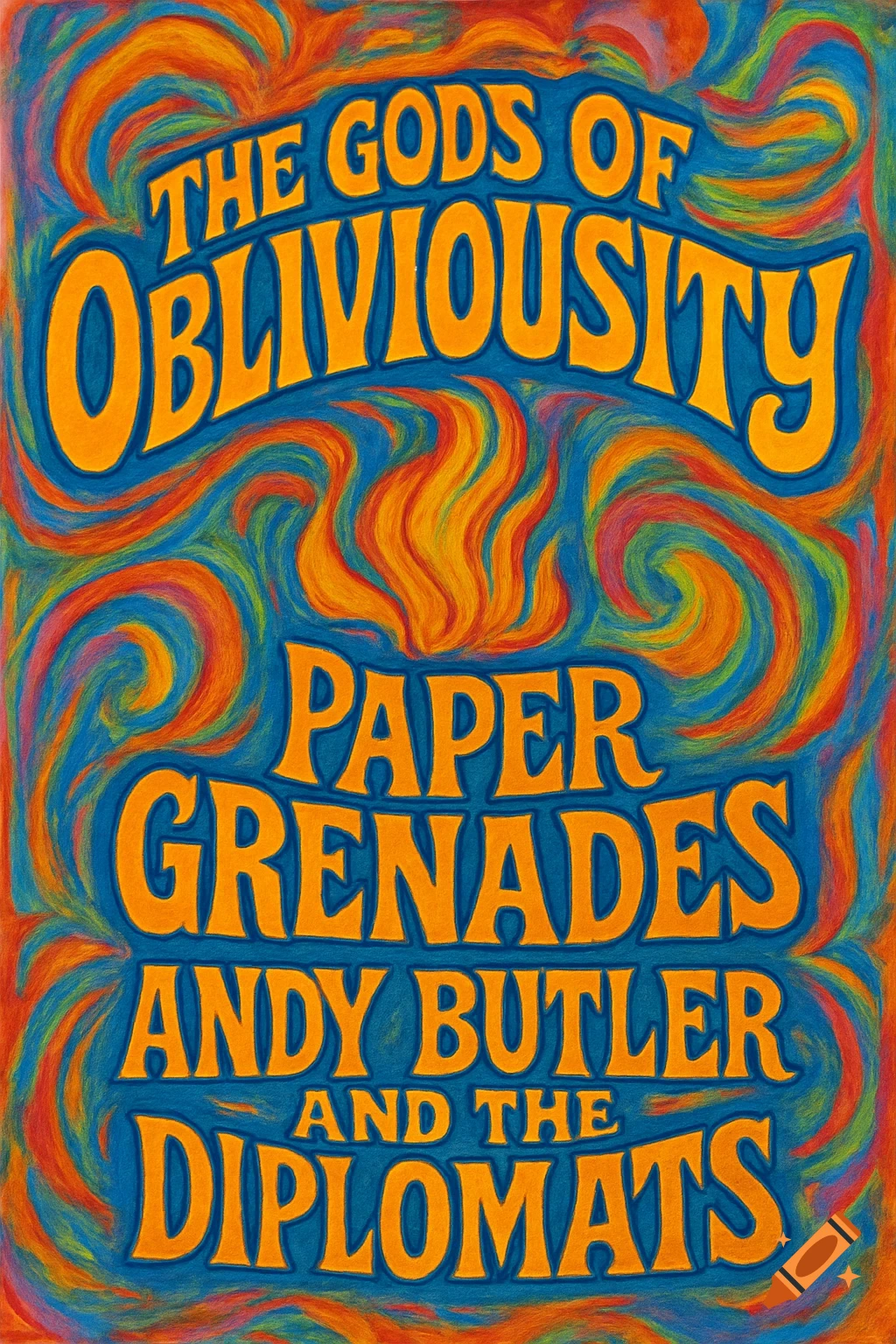 Psychedelic band poster with orange text for 'The Gods of Obliviousity Paper Grenades Andy Butler and The Diplomats' on a swirling blue and orange background.