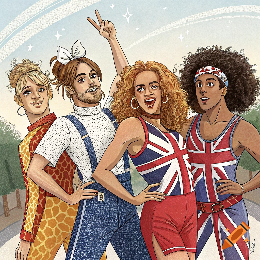 Four stylized figures, resembling the Queer Eye cast dressed as the Spice Girls, pose together outdoors in colorful, patterned outfits.