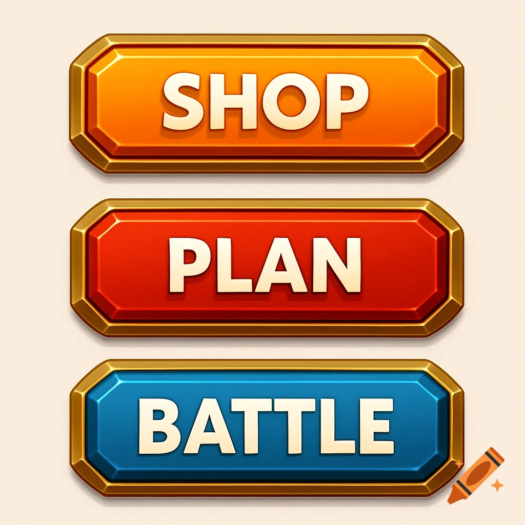 Three gold-trimmed game UI buttons: orange 'SHOP', red 'PLAN', and blue 'BATTLE', with a glossy finish.