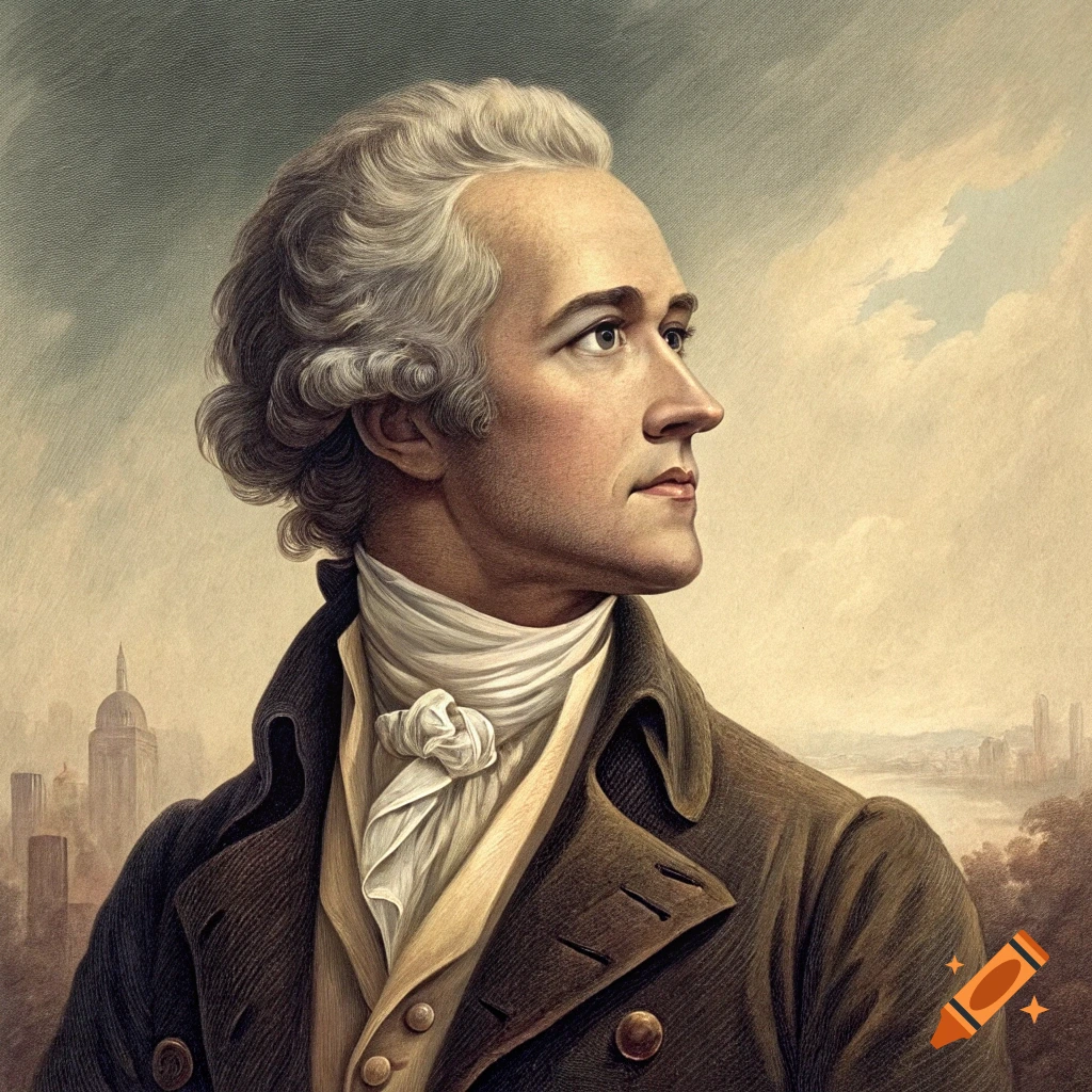 A portrait of Alexander Hamilton with white hair and a white cravat, looking right. He wears a brown coat, with a city skyline in the background.
