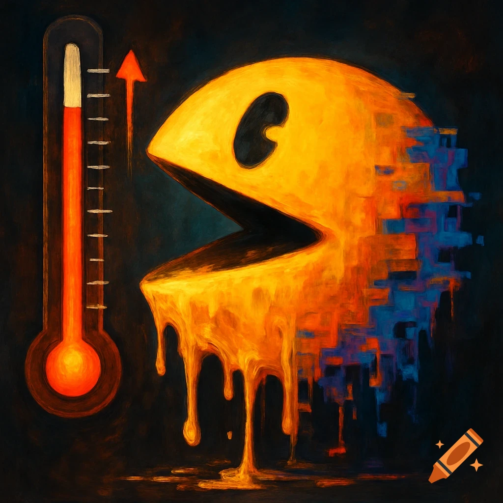 A melting and glitching Pac-Man next to a rising thermometer, rendered in a painterly style.