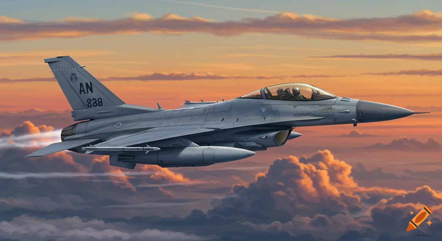 An F-16 fighter jet flies through a cloudy sky at sunset, painted in a realistic style.