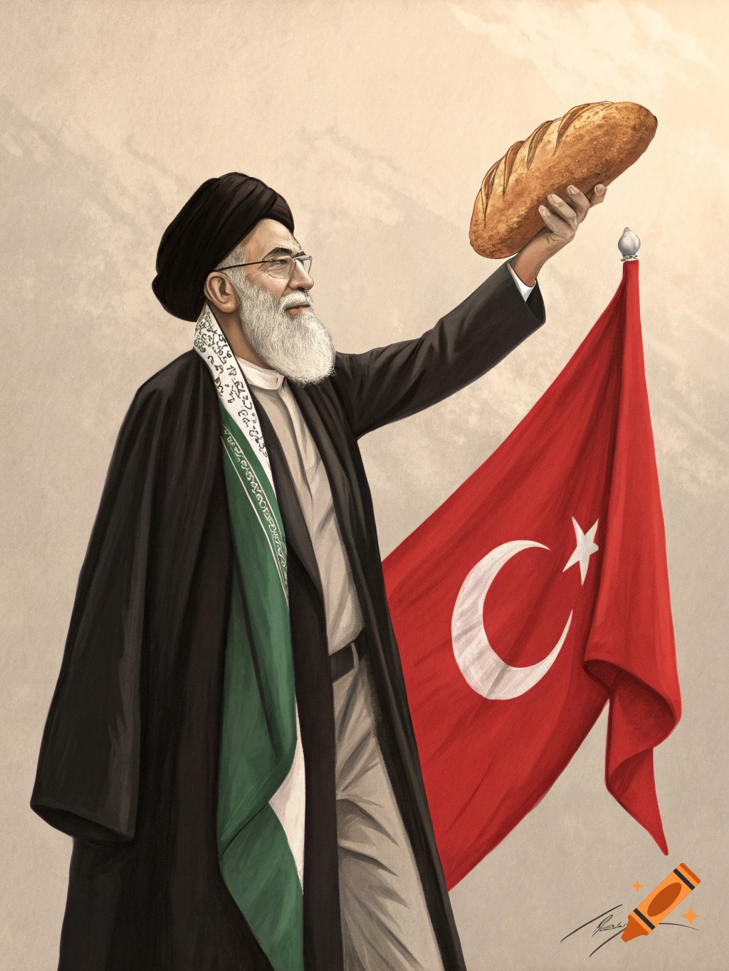 An illustration of a bearded man resembling Ali Khamenei, wearing a black turban and robe with a green and white scarf, holding up a loaf of bread, with a Turkish flag behind him.