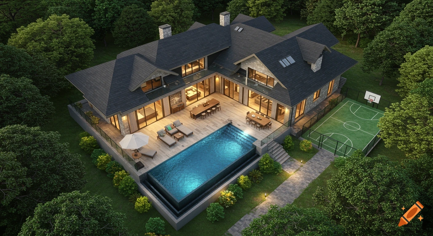 Aerial view of a large modern villa with an infinity pool, patio, basketball court, and lush trees.
