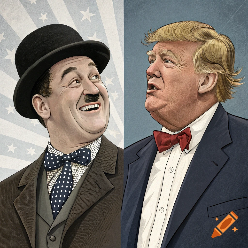 A stylized illustration showing a caricature of Laurel from Laurel and Hardy next to a caricature of Donald Trump, both looking up.