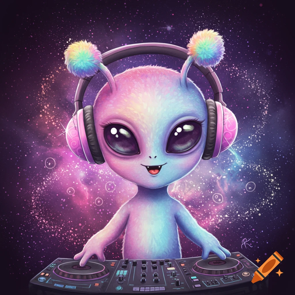 Cute colorful alien with pink headphones and fuzzy ear coverings mixing on a DJ deck in a sparkling galaxy.