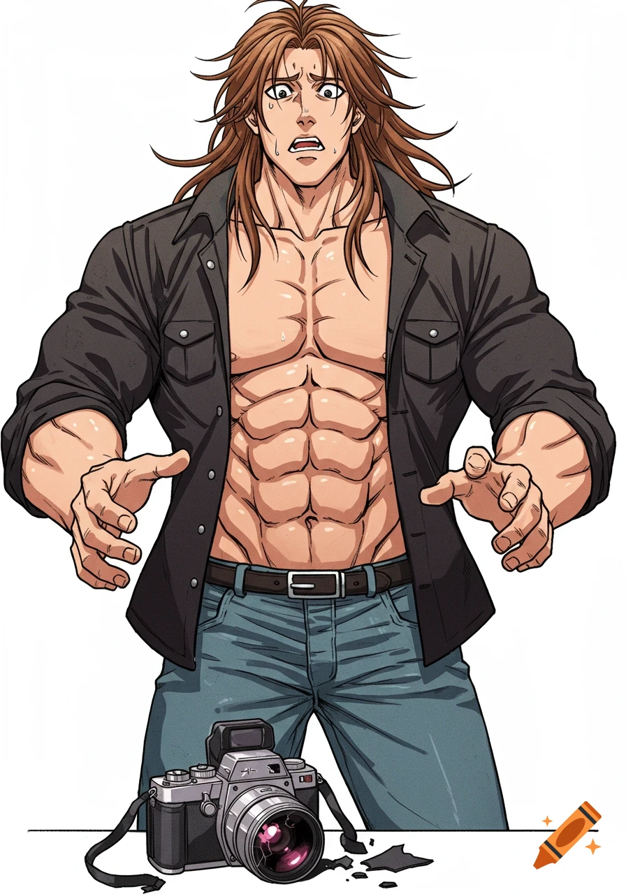 A shocked muscular man with long hair, wearing an open jacket and showing abs, stands over a broken camera in anime style.