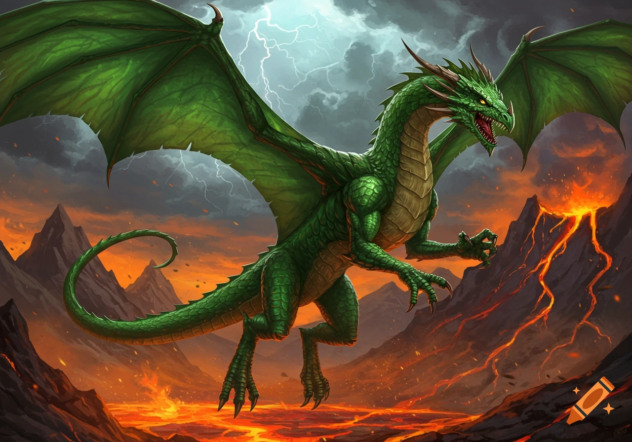 A vibrant green dragon flies over a volcanic landscape with flowing lava under a stormy, lightning-filled sky.