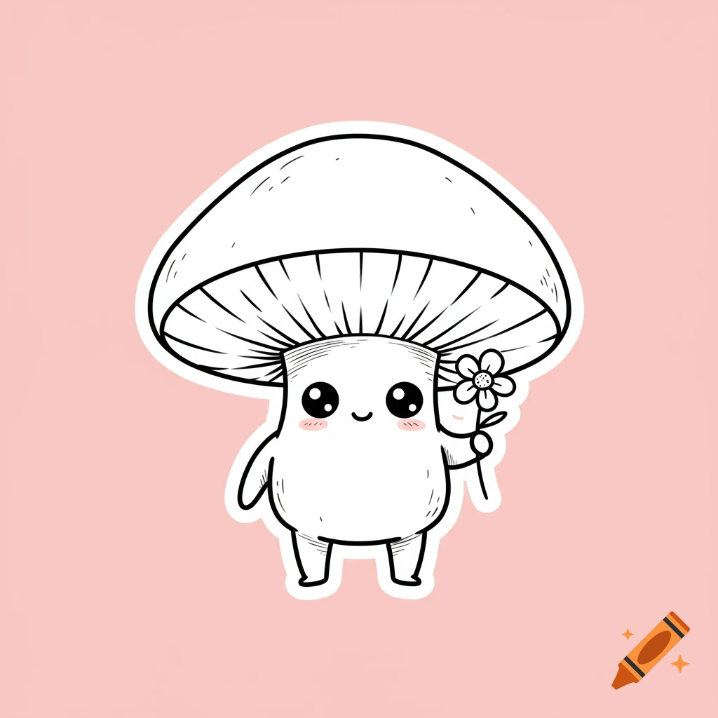 A cute kawaii mushroom sticker holding a flower on a pink background, drawn in a simple line sketch style.