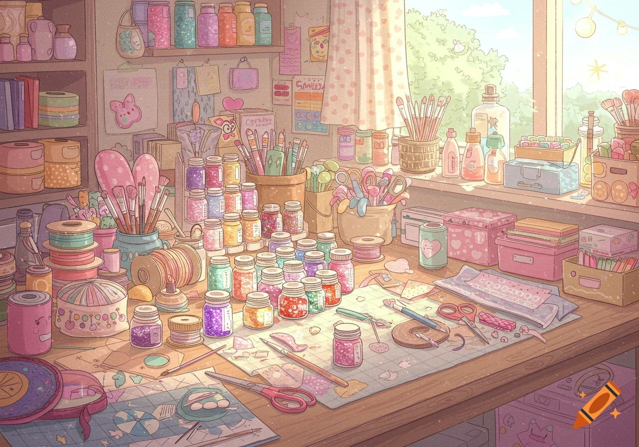 A pastel-colored, cluttered craft room filled with jars of glitter, scissors, brushes, ribbons, and other art supplies.